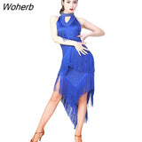 Dance Salsa Samba Clothes For Women High Neck Fringes Latin Dresses Sleeveless Irregular Long Dress with Necklace-Outfit