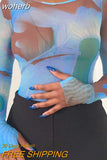 Graphic Print Green Mesh Sheer T-shirt Long Flare Sleeve Slim Crop Tops Sexy See Trough Women Tops Y2K Vintage Grunge-Outfit