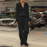 Spring Summer Loose Women Two Piece Set Casual Long Sleeve Button Tops + Long Pants Outfit Elegant Office Lady Shirt