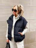 New Women's Solid Color Zipper Pocket Cotton Vest Fashion Collar Temperament Commuting