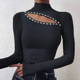 Off Shoulder Cut Off Patchwork Spring Shirts 2020 Women Hollow Out O Neck Elegant Blouse Autumn Long Sleeve Rib Tops