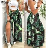 Women Cutout Crop Tank Top & Tropical Print Slit Wide Leg Pants Set 2022 New Femme Casual Two Pieces Robe Street Wear-Outfit