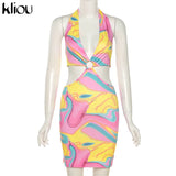 Kliou Tie Dry Two Piece Set Women 2021 Sexy Halter Sequined Beachwear Cleavage Crop Top+Mini Skirt Suit Female платье
