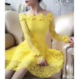 Autumn New Flower Lace Women Dress Slim Long Sleeve Female