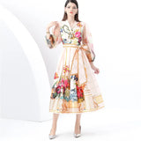 Retro V-Neck Strap With Belt Mesh Lantern Sleeve Fashion Print Big Swing Cardigan Dress Dress Dress