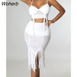 Women Two Piece Mesh See Through Dress Suits Spaghetti Strap Crop Top & Tassels Detail Bodycon Skirt Set-Outfit
