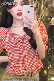 Plaid Summer Shirts Women Crop Tops Mujer Harajuku Sweet Cute Korean Style Retro Temperament Girlish Clothes Y2k Students-Outfit