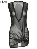 Kliou Mesh Bundled Mini Dress Women Sexy Low V-Neck Sleeveless See Through Bodycon Midnight Style Party Clubwear Female