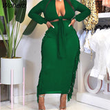 Women Two Piece Casual Dress Suits Long Sleeve Tie Front Crop Top & Tassels Bodycon Maxi Skirt Set-Outfit
