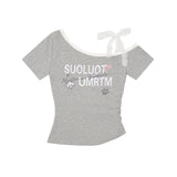 Oblique Shoulder Lace Sling Short-Sleeved Woman Design Small Sweet Short T-Shirt Girl Irregular