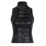 Street Babes High-Necked Metal Buckle Leather Waist Design Repair Short Sleeveless