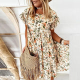 Floral Print Dress 2021 Summer Causal Short Sleeve Ruffles Dresses Bohemian O Neck A-Line Loose Female Mini Dress