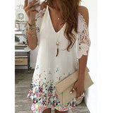 Off Shoulder Dress Summer Sexy V Neck Floral Print Midi Dresses Robe Vintage Hollow Out Lace A-Line Party Dress