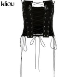 Kliou Hollow Out Bandage Faux Leather PU Tank Top Women 2021 Solid Streetwear Backless Sleeveless Sexy Party Clubwear