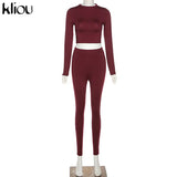 Kliou fashion tracksuit women turtleneck full sleeveless crop top+leggings matching set stretchy sporty fitness casual