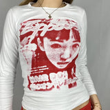 Gothic Print T-shirt Women Long Sleeve Slim Fit Crop Top Y2K Aesthetic Spring Autumn Sweats Tees Top Harajuku