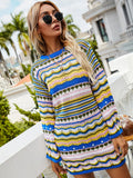Bohemian Color Block Striped Knit Crochet Sweaters Dress Autumn Women's Long Sleeve Crew Neck Mini Bodycon