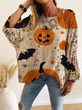 Summer And Autumn Four-Four Words Collared Linguum Bat Pumpkin Bat Halloween Print Long-Sleeved Lady