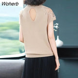 Mesh Lace Patchwork Half Turtleneck Short Sleeve Knitted Tops Summer Knitwear T-Shirt Women Korean Style Hollow Out Tee-Outfit