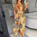 Elegant Women Two Piece Set Fashion O-Neck Slim Tops And Wide Leg Pants Suits For Ladies Casual Floral Print Chic