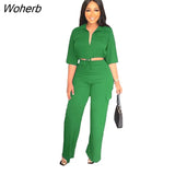 Fashion 2Piece Set Women Office Ladies Solid V-neck Drawstring Tie Shirt Pocket Straight Trousers 2 Piece Set Women-Outfit