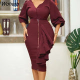 Winter Fashion OL Two Piece Set Women V-neck Lantern Sleeve Top Slim Ruffle Skirt 2 Piece Set Women-Outfit