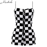 New Rompers Women Casual Playsuit Fashion Zipper Black White Lattice Jumpsuit Ladies Off Shoulder Bodycon