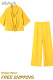 2023 Women Summer Loose 2-Pieces Sets Fashion Solid Satin Blouses Tops and Trousers Female Elegant Two Suits Clothing-Outfit