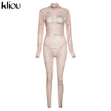 Kliou Sexy Mesh Jumpsuit Women Geometric Letter Print See Through Sheath Slim Overall Long Sleeve Turtleneck Party