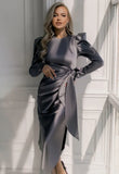 Long Sleeve Round Neck Puff Sleeve Tied Slim Midi