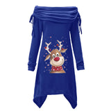 Women's Large-Size Long-Sleeved Christmas Elk Printed Pleated Collar Pleated Irregular Long Tunic-Outfit