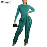 Elegant Women's Set Long Sleeve T-shirt and Tassel Pants Suit Autumn Winter Active Tracksuit Two 2 Piece Set Outfits-Outfit