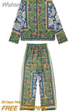 2023 Summer Women Vintage Suits 2 piece Sets Print Satin Shirts Tops and Trousers Female Fashion Street Two piece Suit-Outfit