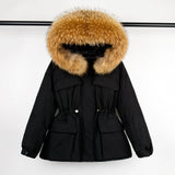 Large Natural Raccoon Fur Hooded Winter Jacket 90% White Duck Down Coat Women Puffer Fluffy Parkas With Belt Snow