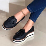 Tassel Bowtie Loafers Woman Slip On Sneakers Ladies Soft PU Leather Sewing Flat Platform Female Shoes All Seasons 2021