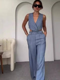 Woherb New Summer Cross Slim Sleeveless Vest High Waist Wide Leg Pants Hot Girl Suit-Outfit