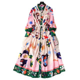 French Vintage Lapel Lantern Sleeve Print Dress Female Straps Closed Waist Show Slim Elegant Dress-Outfit