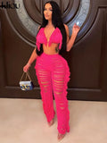Kliou Halter Knitted Tanks Women Solid Sexy Deep V-Neck Lace Up Backless Tassel Skinny Crop Tops Streetwear Female
