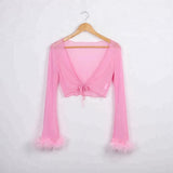 Sexy Women Pants Sets Long SleeveTops with Feather High Waist Flared Trouser Sheer Mesh See-through Slimming Clubwear-Outfit