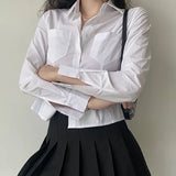 Spring All-Match White Women's Shirt Korean Style Button Up Long Sleeve Blouse Ladies Sexy Slim Fit Pockets Short Shirts-Outfit