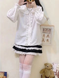 White Lolita Style Blouses Women Kawaii Rabbit Ears Peter Pan Collar Shirts Girly Victorian Cute Ruffles Long Sleeve Tops-Outfit