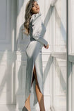Long Sleeve Round Neck Puff Sleeve Tied Slim Midi