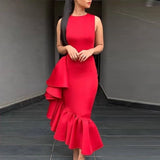 Women Bodycon Dresses Sleeveless Side Ruffles Slim O Neck Red Sexy Party Fashion Sheath Big Size XXL Female Vestidos Robes
