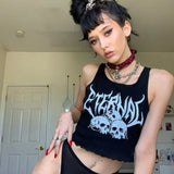 Crop Tank Top Sleeveless Round Neck Sexy Club Punk Vest Streetwear Harajuku Women Y2K Aesthetics Skull Printing