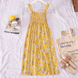 Women Sweet Girls Retros Floral Basic Sundress Summer Spaghetti Strap Mid-calf Stretchy A-line Causal Holiday