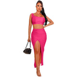 Solid Color Sexy Crop Top And Slit Skirt Two Piece