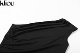 Kliou Solid Elegant Maxi Dress Women Inclined Shoulder Sleeveless Body-Shaping Side Split Robe Partywear Female