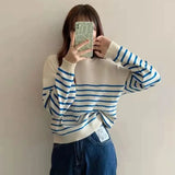 Korean Style Striped Sweater Woman All Match Long Sleeve Knit Pullover Women Autumn Winter Basic O Neck Bottoming Shirt-Outfit
