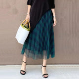 Cute Plaid Tulle Skirt Women Fashion Korean School Checked High Waist Pleated Maxi Skirt Female For Spring Summer QH2227-Outfit