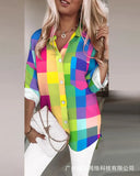 Plaid Chain Link V-Back Buttoned Casual Shirt Women Spring Summer Fashion Shirts Blouse Top-Outfit